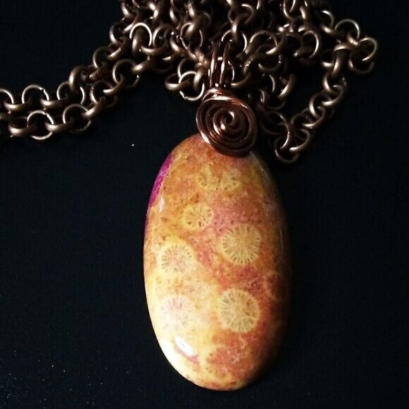 Wire Wrapped!!! Mango + Tangerine Hues! Chrysanthemum Fossil Pendant + 20" Chain - Picture 6 of 8